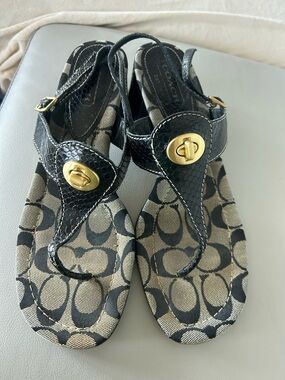 Coach Black Signature Canvas Thong Sandals with Gold Turnlock Accent